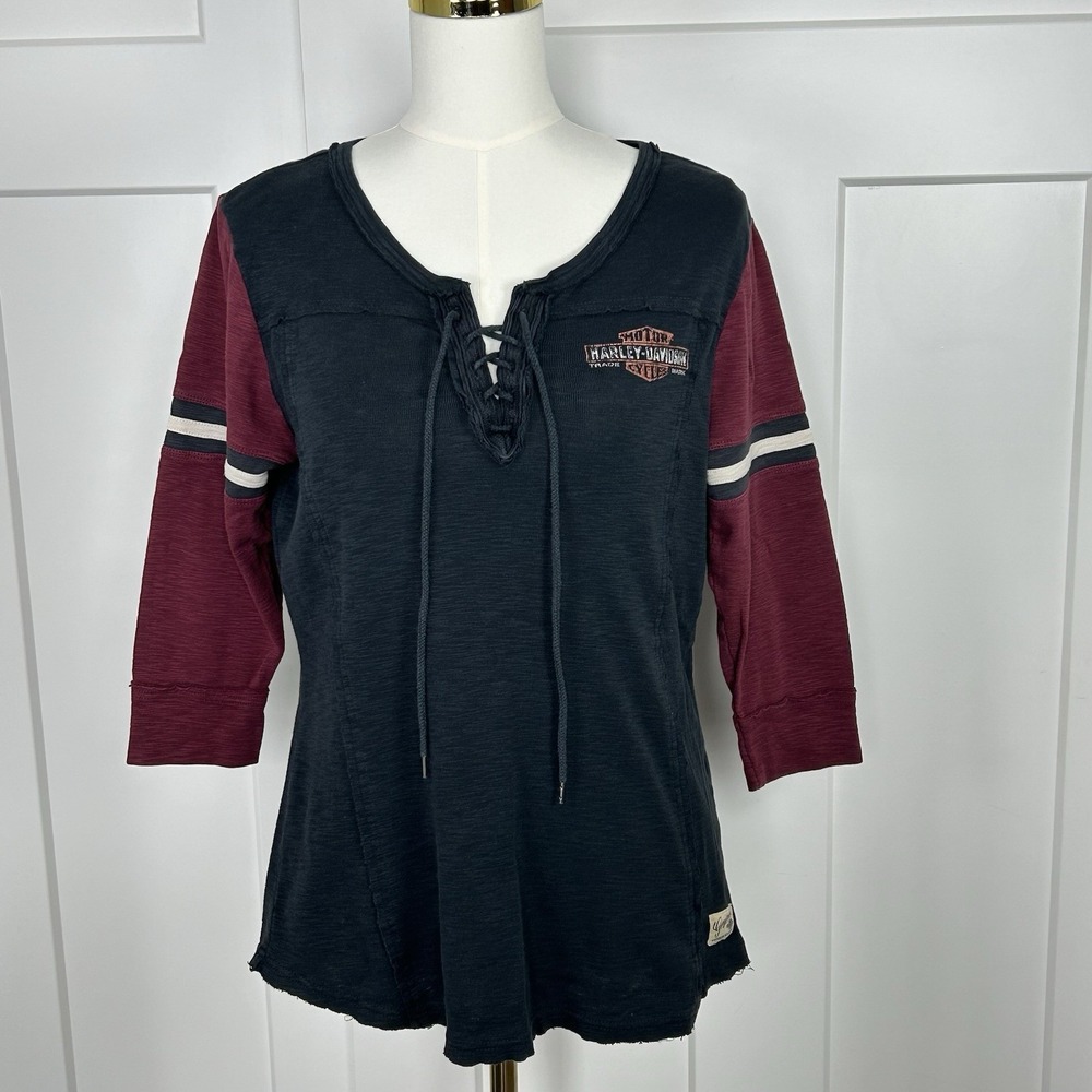 Harley-Davidson Women's Lace-Up Knit Logo Top Black Burgundy Scoop Neck LARGE - Picture 1 of 10